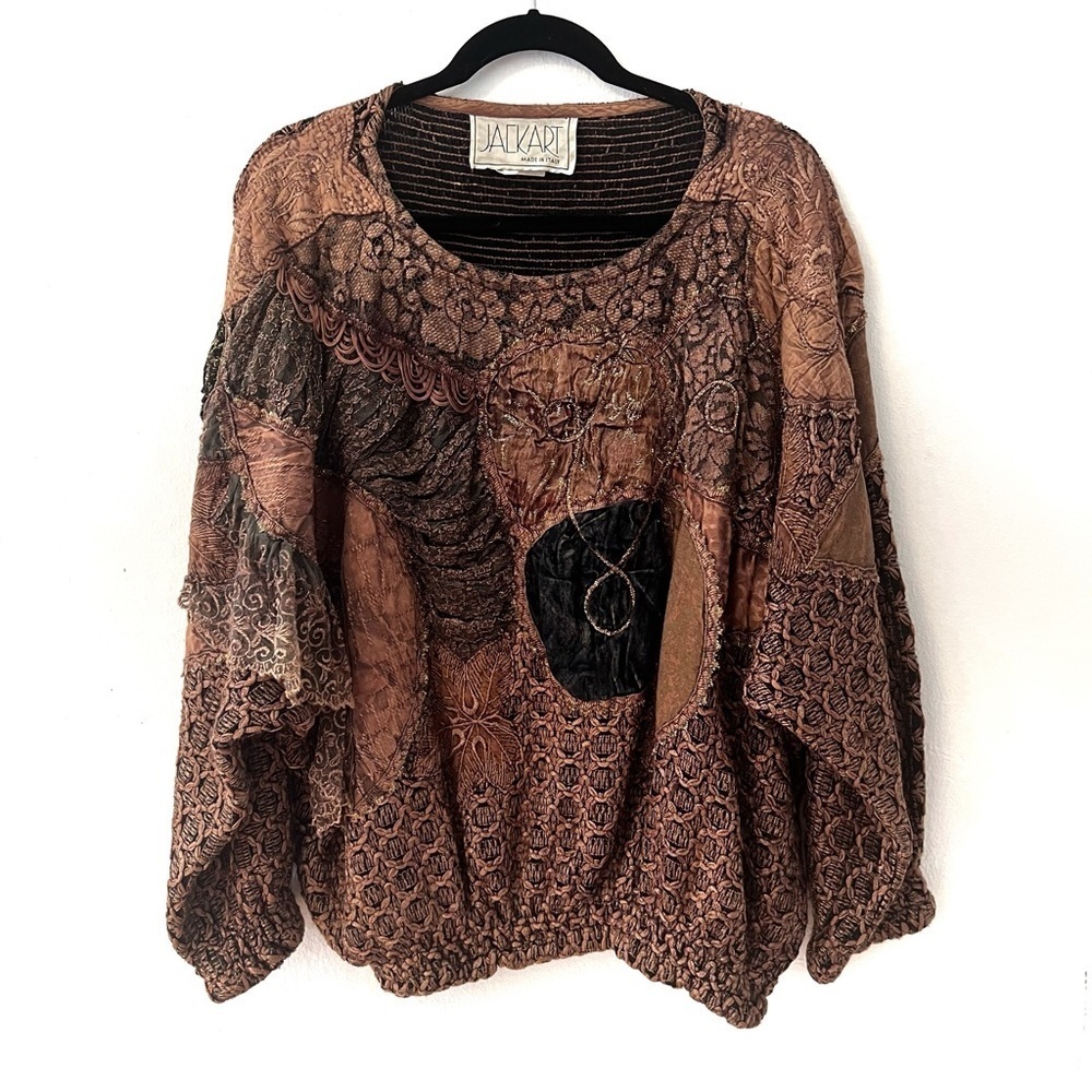 Vintage Jackart Italy Bronze Metallic Floral Patchwork Design Pullover Sweater